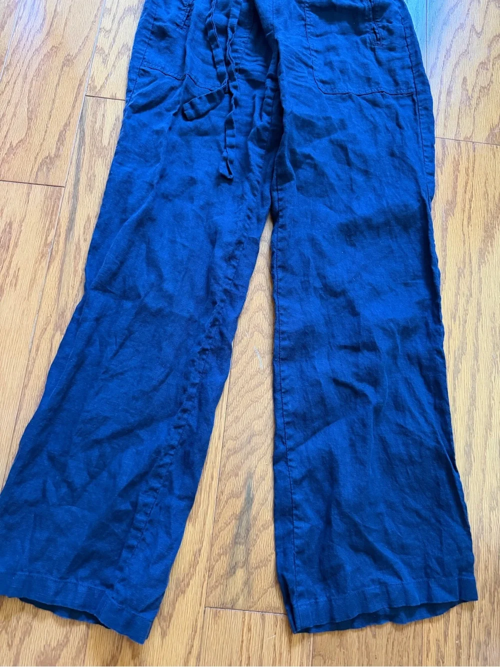 Zara Women's Navy Blue Drawstring Wide-Leg Linen Trousers Small S